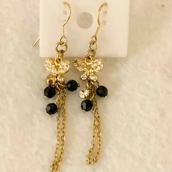 Gold Tone Dangle Earrings with Black Beads and Rhinestone Butterfly - Picture 1 of 4